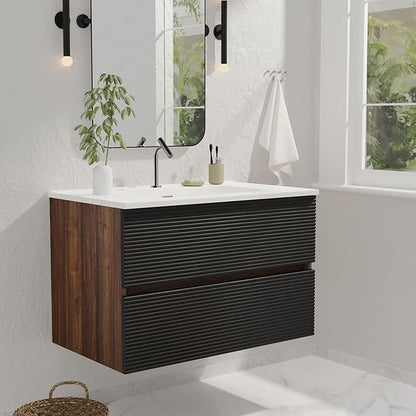 30'' Floating Bathroom Vanity with Sink Combo, Modern Bathroom Cabinet with 2-Soft Close & Large Storage Drawers, for Small Space, Apartment, Hotel, Black and Walnut
