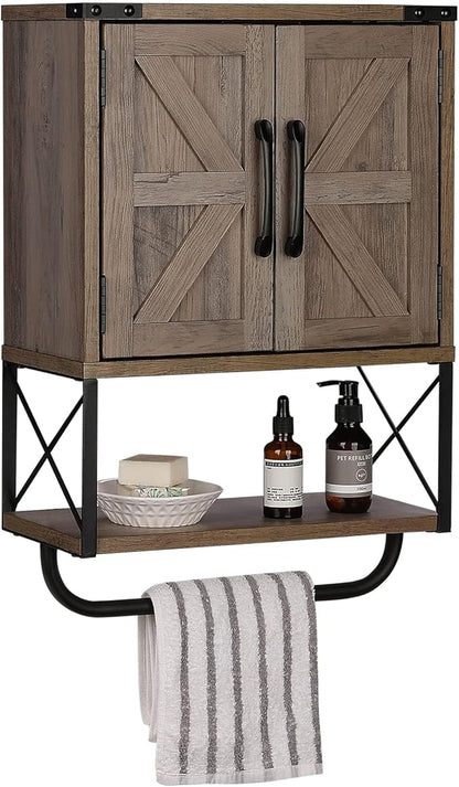 RUSTOWN Farmhouse Rustic Medicine Cabinet with Two Barn Door,Wood Wall Mounted Storage Cabinet with Adjustable Shelf and Towel Bar, 3-Tier Cabinet for Bathroom, Living Room(Washed Oak)