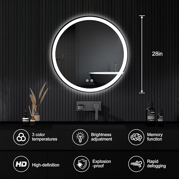 NEWBULIG 28'' Round LED Bathroom Mirror with Lights, Circle Vanity Mirror | Anti-Fog, Dimmable, 3-Color Light, Front Light and Backlit, Memory Function, Tempered Glass