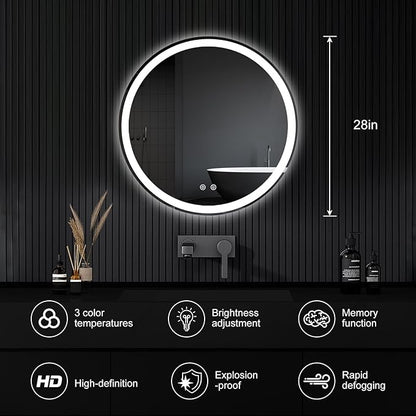 NEWBULIG 28'' Round LED Bathroom Mirror with Lights, Circle Vanity Mirror | Anti-Fog, Dimmable, 3-Color Light, Front Light and Backlit, Memory Function, Tempered Glass
