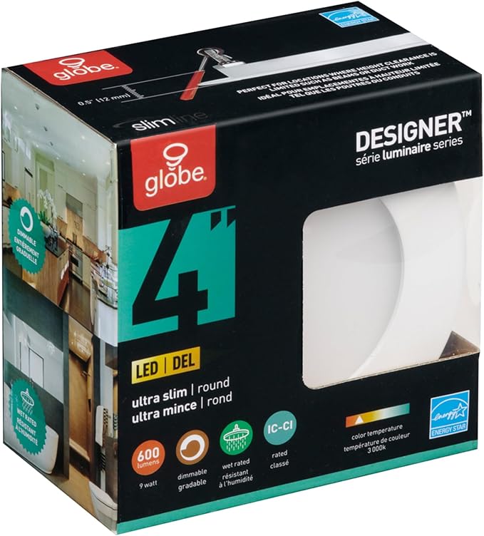 GLOBE Electric 91119 4" Ultra Slim LED Integrated Recessed Lighting Kit 4-Pack, 9 Watts, Energy Star, IC Rated, Dimmable, Wet Rated, White, 4.25" Hole Size, Bathroom Lights, 540 Lumens Each