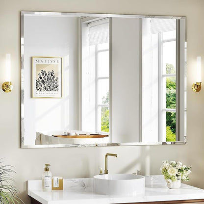 36"x48" Frameless Bathroom Mirror, Beveled Bathroom Vanity Mirror | Wall Mount Mirrors for Bedroom Entryway Living Room Hangs Horizontally or Vertically