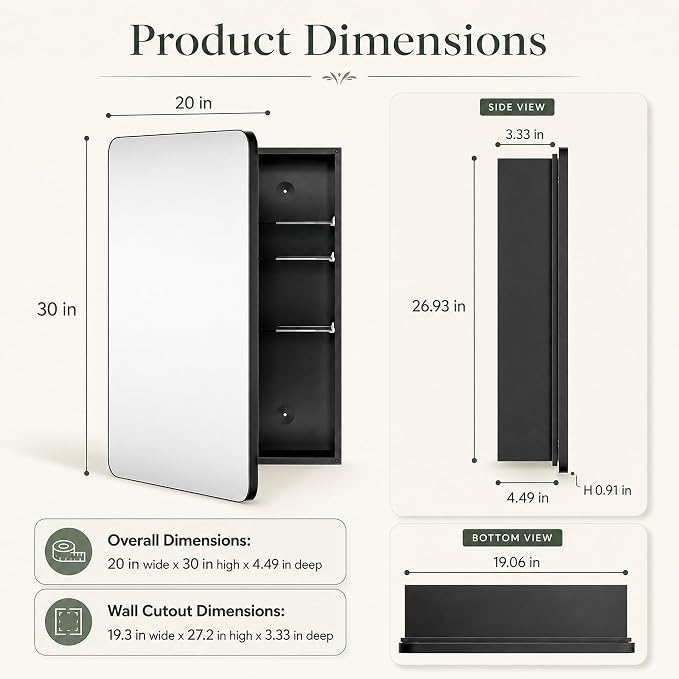 20x30 Black Medicine Cabinet with Mirror, Recessed & Surface Mount | Bathroom mirror with storage: 6 adjustable shelves fit tall bottles; DTC soft-close hinges; rust-resistant aluminum