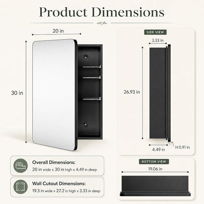 20x30 Black Medicine Cabinet with Mirror, Recessed & Surface Mount | Bathroom mirror with storage: 6 adjustable shelves fit tall bottles; DTC soft-close hinges; rust-resistant aluminum