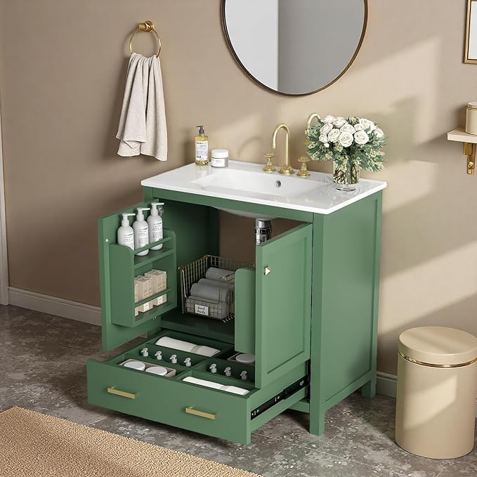 30" Freestanding Bathroom Vanity with Sink, Floor Stand Bathroom Storage Cabinet with Ceramic Sink, Doors with Double-Layered Storage Shelves, Modern Compact Vanity with Divided Drawer, Green