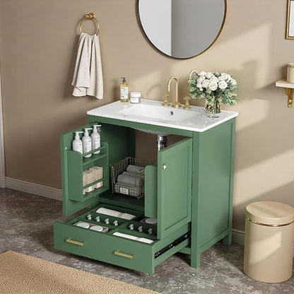 30" Freestanding Bathroom Vanity with Sink, Floor Stand Bathroom Storage Cabinet with Ceramic Sink, Doors with Double-Layered Storage Shelves, Modern Compact Vanity with Divided Drawer, Green