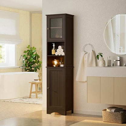 Gizoon Tall Bathroom Storage Cabinet | Freestanding Linen Cabinet with Two-Way Doors, Adjustable Shelves, for Home, Kitchen, Living Room, Dark Brown