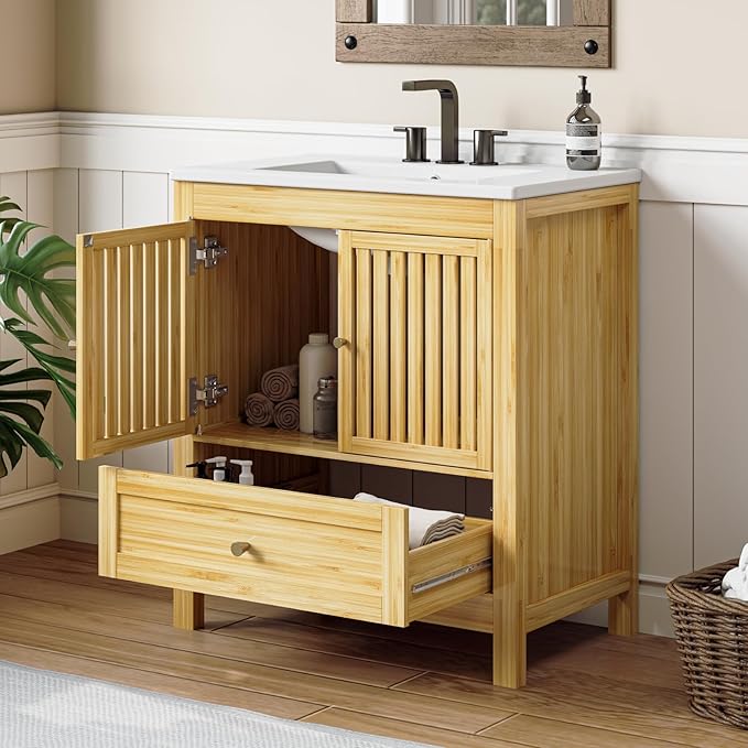 30" Bathroom Vanity with Single Sink, Solid Wooden Free Standing Bathroom Cabinet, Farmhouse Bamboo Storage Cabinet with Large Drawer, Soft-Closing Louvered Doors with Built-in Shelves