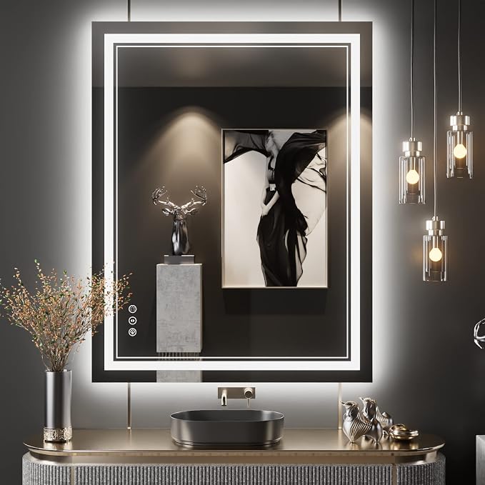 28x36 Inch LED Bathroom Mirror with Lights | Front and Backlit, 3 Colors, Dimmable, Memory, Anti Fog, Shatterproof, Horizontal/Vertical, Lighted Mirrors for Bathroom Wall