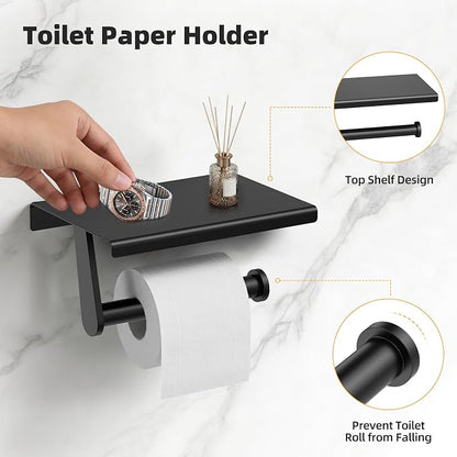 Black 5-Piece Bathroom Hardware Set, 23.6 Inch Towel Bar Set SUS304 Stainless Steel Towel Racks for Bathroom Round Towel Bar, Towel Ring, Toilet Paper Holder, 2 Robe Hooks, Wall Mounted