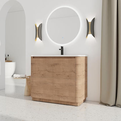 40-Inch Bathroom Vanity with Sink Mid-Century Bathroom Vanities with Top Basin Floor Wood Bathroom Sink Cabinet with Soft-Close Doors & Adjustable Storage Shelves (Brown)