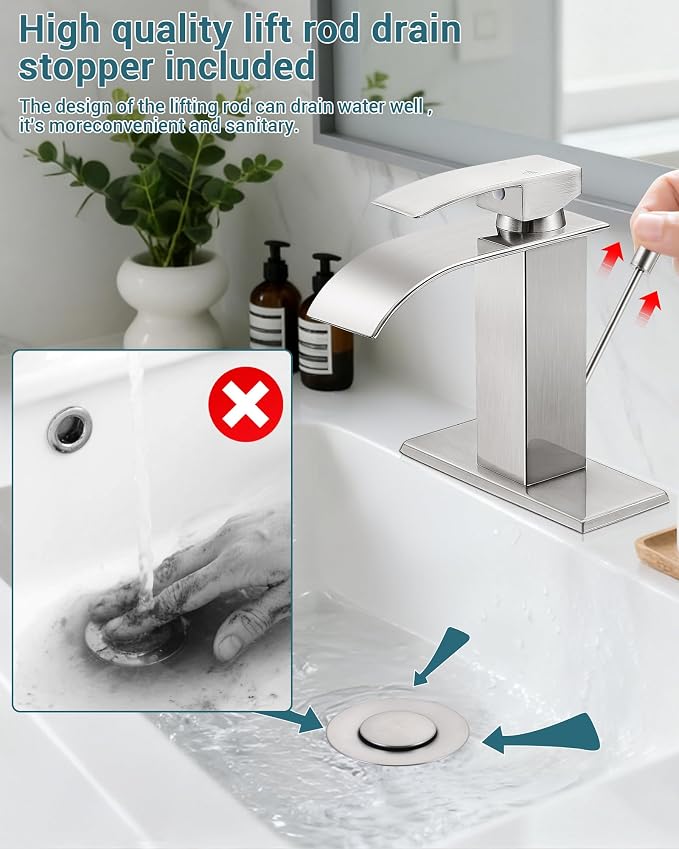 Brushed Nickel Waterfall Bathroom Faucet Single Handle with Lift Rod Drain | Bathroom Sink Faucet,Stainless Steel,supply hoses Deck included,1 or 3 Hole,Fits home,RV,farmhouse bathrooms