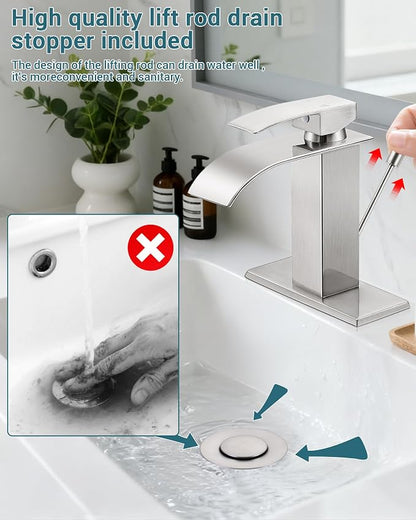 Brushed Nickel Waterfall Bathroom Faucet Single Handle with Lift Rod Drain | Bathroom Sink Faucet,Stainless Steel,supply hoses Deck included,1 or 3 Hole,Fits home,RV,farmhouse bathrooms