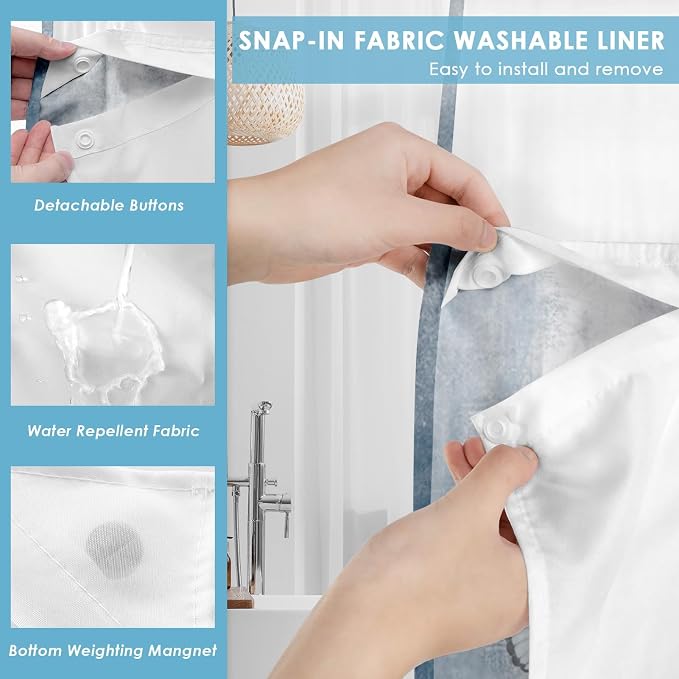 No Hook Shower Curtain with Snap in Liner 71x74 Inch Daisy Blue | Farmhouse Butterfly Wooden Modern Double Layers Waterproof Fabric with See Through Top Window Open Grommet Bath Curtain