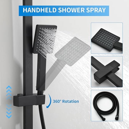 Taplong Matte Black Outdoor Shower Fixture Exposed Bathroom Shower Faucet Set,Shower System with 9" Rain Shower Head Handheld Sprayer Single Handle, SUS304 Triple Function Wall-Mounted Faucet