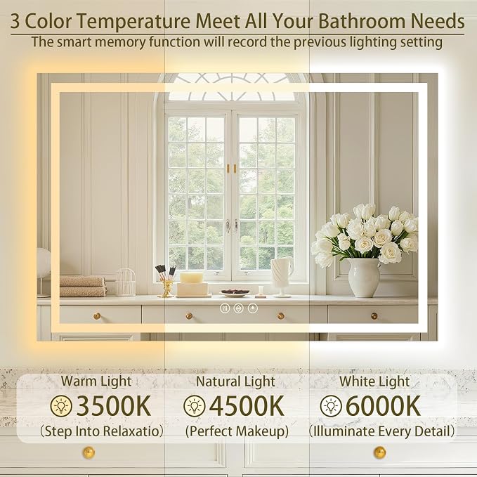 60"x40" LED Bathroom Mirror with Lights, Anti-Fog, Backlit+Frontlit | CRI 95, Stepless Dimmable, 3 Colors Lighting, Shatterproof Tempered Glass, HD Reflection, Memory, (Horizontal/Vertical)