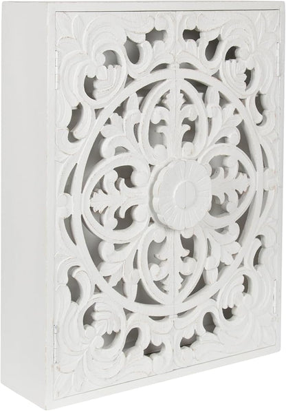 Kate and Laurel Saanvi Traditional Carved Wood Floating Bathroom Wall Cabinet, 22 x 7 x 28, White, Dimensional Over the Toilet Storage Cabinet for Use as Bathroom Storage or Entryway Decor and Display
