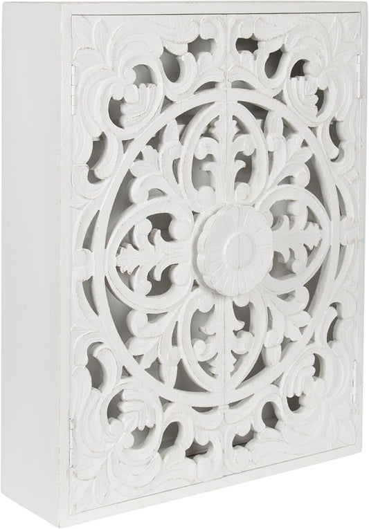 Kate and Laurel Saanvi Traditional Carved Wood Floating Bathroom Wall Cabinet, 22 x 7 x 28, White, Dimensional Over the Toilet Storage Cabinet for Use as Bathroom Storage or Entryway Decor and Display