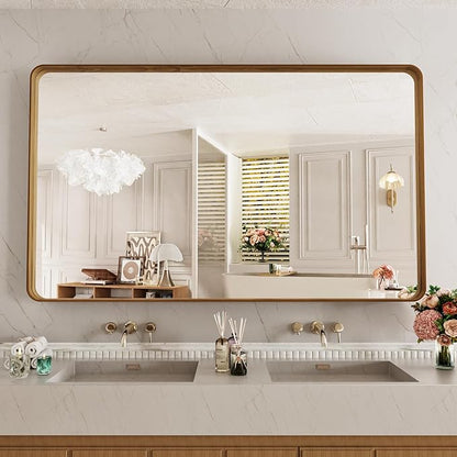 LOAAO 60X36 Inch Bathroom Mirror with Wood Grain Colored Metal Frame, Rounded Rectangle Metal Framed Bathroom Mirror, Anti-Rust, Hangs Horizontally or Vertically, Tempered Glass