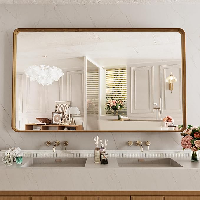 LOAAO 60X40 Inch Bathroom Mirror with Wood Grain Colored Metal Frame | Rounded Rectangle Metal Framed, Anti-Rust, Hangs Horizontally or Vertically, Tempered Glass