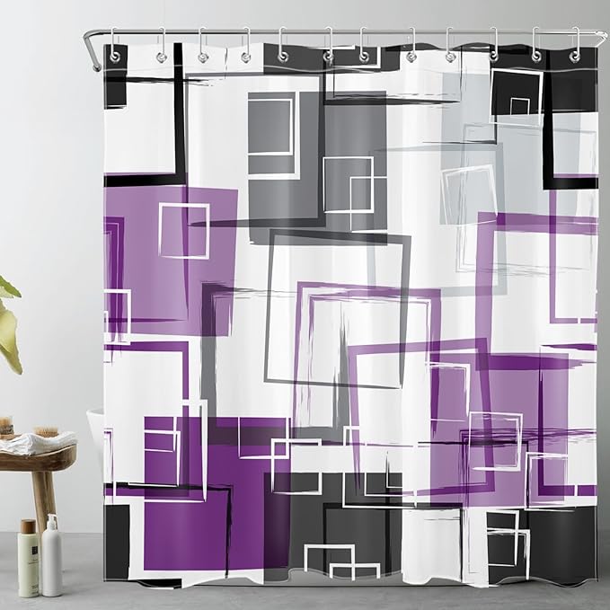 Abstract Geometric Purple Shower Curtain Sets with Rugs, Grey Black and White Geometric Textured Bathroom Curtain Polyester Fabric Bathroom Decoration Shower Curtain Set,70L X 70W Inches