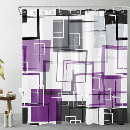 Abstract Geometric Purple Shower Curtain Sets with Rugs, Grey Black and White Geometric Textured Bathroom Curtain Polyester Fabric Bathroom Decoration Shower Curtain Set,70L X 70W Inches