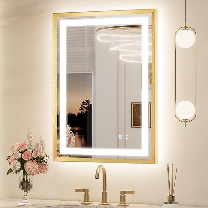 Keonjinn 22x30 Inch Gold LED Bathroom Mirror with Lights, Beveled Edge | Frontlit & Backlit, Lighted Bathroom Mirror, HD Tempered Glass, 3 Color Temperatures, Anti-fog, Stepless Dimmable