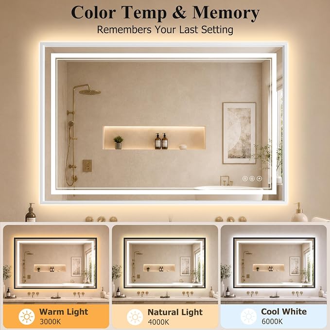 36"x48" LED Bathroom Mirror with Lights, Backlit + Front Lit, Anti-Fog | Lighted Bathroom Mirror with One-Piece Aluminum Alloy Frame, HD Shatterproof Tempered Glass, Dimmable, Memory Function