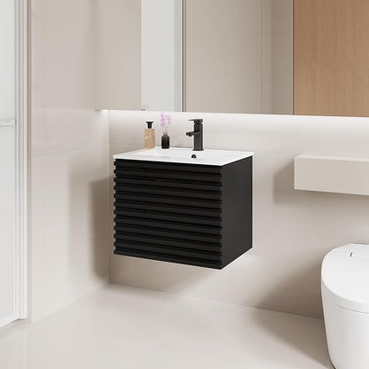 LUCKWIND 24" Floating Bathroom Vanity with Sink, Mid-Century Wall Mounted Big Drawer Cabinet with Ceramic Sink, Water Saving Faucet and Wood Stripes Style, Black