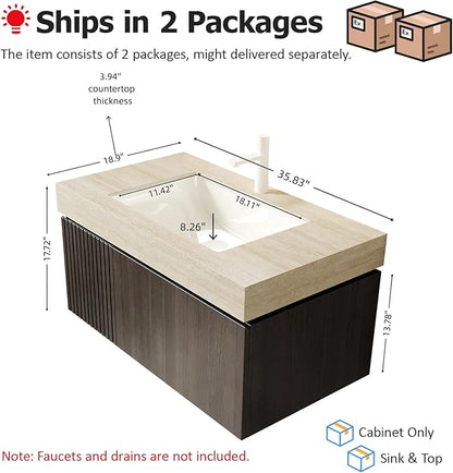 Ambrovina 36" Floating Bathroom Vanity with Sink, Modern Plywood Storage Vanities with Drawer and Door, Roma Travertine-Pattern Countertop and Ceramic Basin, Pre-Assembled Cabinet, Espresso Woodgrain