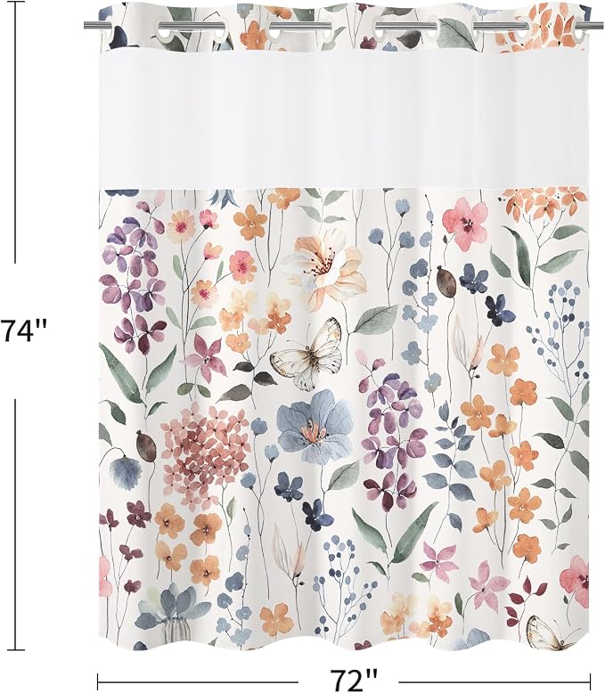 Litabel No Hook Ivory Watercolor Floral Shower Curtain and Liner Set, 72x74 | Spring Flower Shower Curtains with Snap-in Liner for Farmhouse Bathroom Decor, Botanical Bathroom Curtain with Leaves