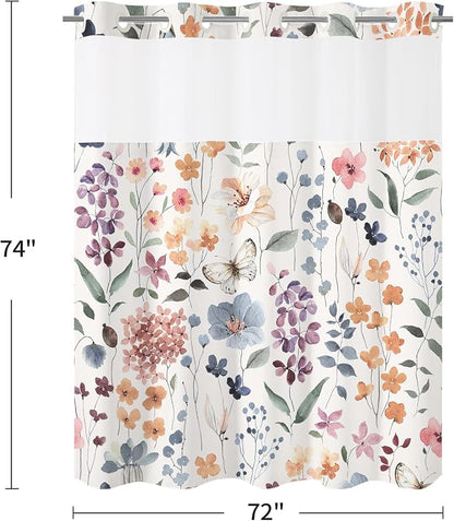 Litabel No Hook Ivory Watercolor Floral Shower Curtain and Liner Set, 72x74 | Spring Flower Shower Curtains with Snap-in Liner for Farmhouse Bathroom Decor, Botanical Bathroom Curtain with Leaves
