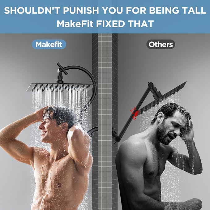 MakeFit All Metal Shower Head Combo with Handheld, 10" Square Rainfall Shower Head with Curved Extension Arm, Adjustable Dual Shower Heads with 71" Extra Long Hose, Matte Black