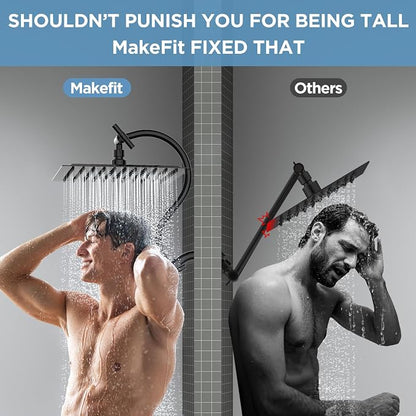 MakeFit All Metal Shower Head Combo with Handheld, 10" Square Rainfall Shower Head with Curved Extension Arm, Adjustable Dual Shower Heads with 71" Extra Long Hose, Matte Black