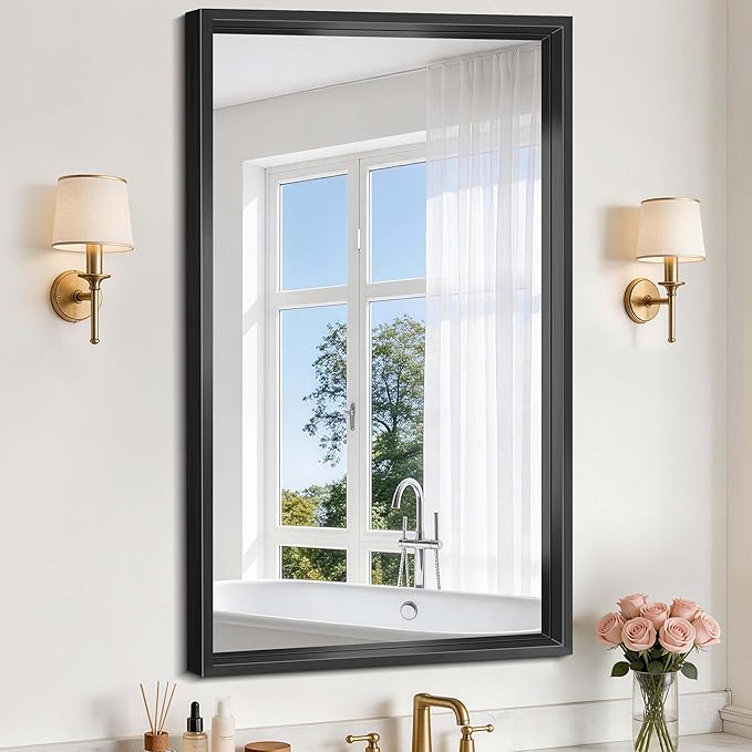 Bathroom Mirror, 42 x 24 Inch Brushed Black Rectangle Mirror, 0.6" Thickened Deep Frame Vanity Mirrors for Bathroom Sink, Shatterproof Tempered Glass, Antirust, Horizontally or Vertically