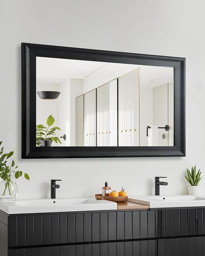 Black Wall Mirror for Bathroom,Rectangle Rustic Large 30 x 48 inch Mirrors | Hanging Vanity Mirror with Wood Grain Finish for Living Room,Bedroom,Entryway