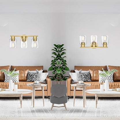 Modern Wall Sconces Lighting with Brass Finished Clear Glass Shade, Matte Gold 3 Vanity Light Over Mirror, Industrial Bathroom Light Fixtures for Living Room Hallway Kitchen Porch E26 Base