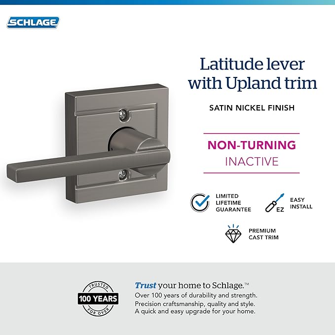 SCHLAGE Lock Company Latitude Lever with Upland Trim Non-Turning Lock, Satin Nickel (F170 LAT 619 ULD)