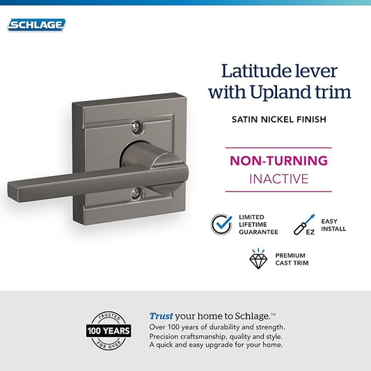 SCHLAGE Lock Company Latitude Lever with Upland Trim Non-Turning Lock, Satin Nickel (F170 LAT 619 ULD)