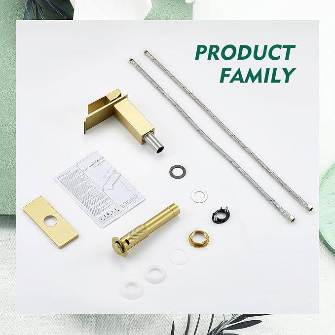 CREA Brushed Gold Bathroom Faucet 1 Hole,Gold Waterfall Bathroom Faucet Single Handle Bathroom Sink Faucet with Drain Stopper/ 3 Hole Deck Plate,RV Basin Vanity Faucet,Stainless Steel