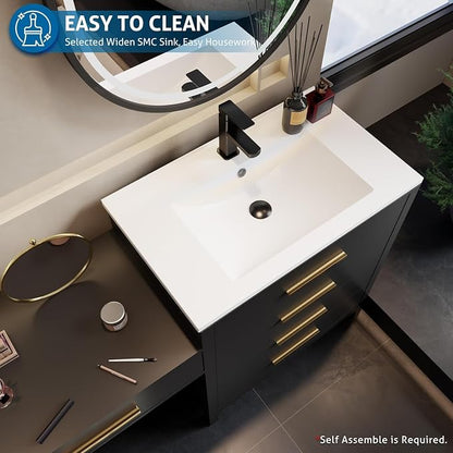 eclife 84" Bathroom Vanity Sink Combo, Modern Painted Vanities Storage Cabinet with 24" Mid Makeup Vanity Desk, 30" Dual White Basins, Faucets & Drains, Black