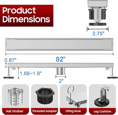 DLONE® Linear Shower Drain - 84 Inch Brushed Nickel, with Tile Insert Panel | AISI 304 Stainless Steel Linear Drain, Rectangle Shower Floor Drain, with Adjustable Feet, Fits Bathroom & Balcony etc