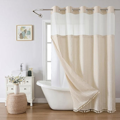 eachope No Hook Extra Long Shower Curtain Set with Snap-in Liner,Linen Textured Thick Striped Fabric with Tassels,Boho Chic Modern Farmhouse Bathroom Curtain,Water-Repellent,Cream/Beige,71x86 | 330GSM Thick Linen Textured Striped Fabric with Tassels,Sn...