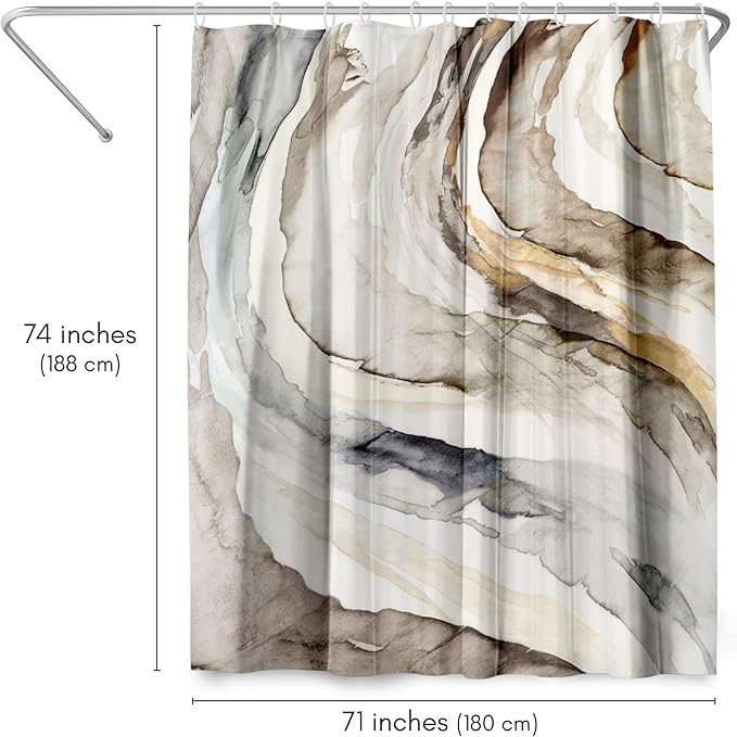 Americanflat 71x74 Marble Shower Curtain - Water-Resistant Long Shower Curtain with Durable Metal Grommets and 12 Hooks - 100% Polyester - Taupe, Beige, Gold, Charcoal and White