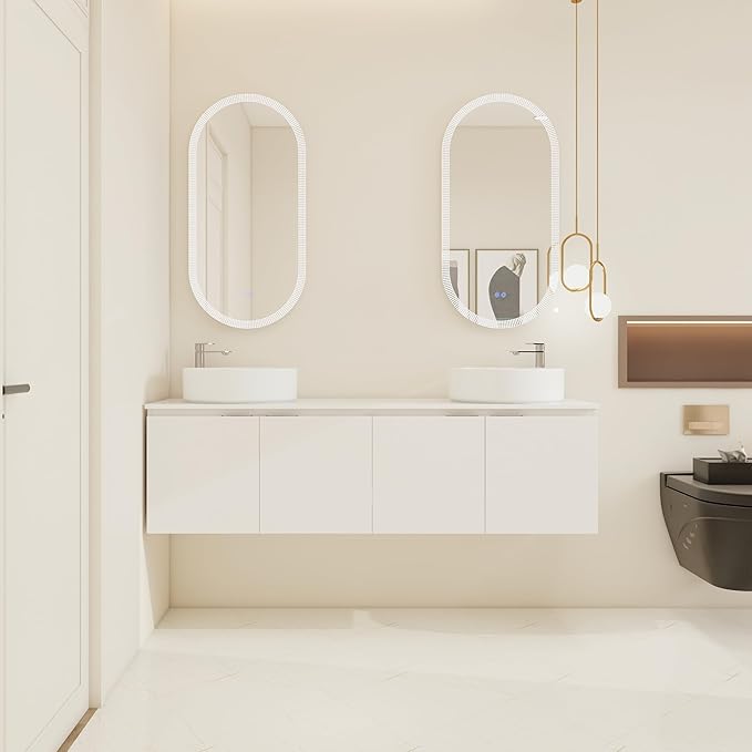 60 Inch Bathroom Vanity with Sink, 60" Floating Bathroom Vanity with Double Vessel Sinks, Modern Wall Mounted Cabinet Set, White Cabinet with 4 Doors and 2 White Ceramic Basin Sinks, Large Countertop