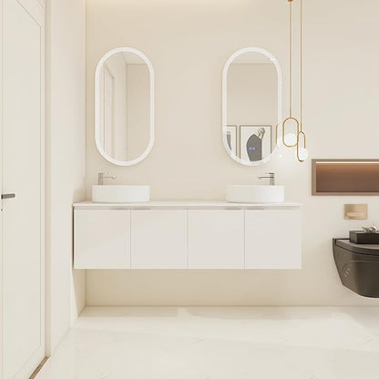 60 Inch Bathroom Vanity with Sink, 60" Floating Bathroom Vanity with Double Vessel Sinks, Modern Wall Mounted Cabinet Set, White Cabinet with 4 Doors and 2 White Ceramic Basin Sinks, Large Countertop