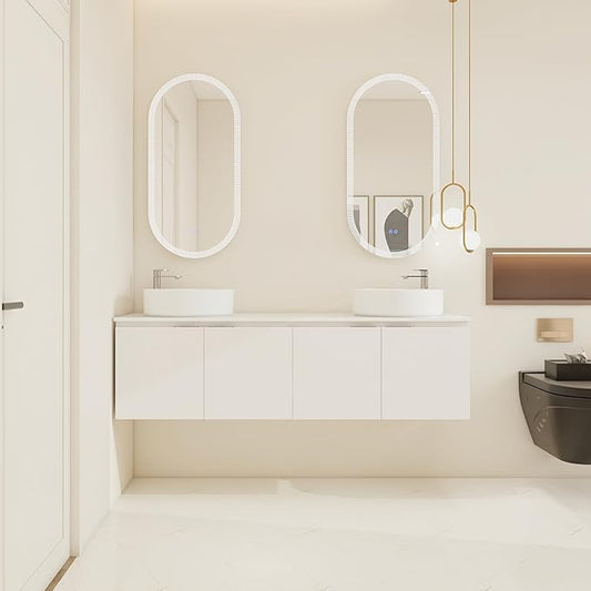 60 Inch Bathroom Vanity with Sink, 60" Floating Bathroom Vanity with Double Vessel Sinks, Modern Wall Mounted Cabinet Set, White Cabinet with 4 Doors and 2 White Ceramic Basin Sinks, Large Countertop