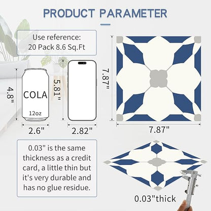 MORCART 20PCS 7.87" x 7.87" Peel and Stick Floor Tile, Blue | Self-Adhesive DIY Vinyl Flooring, Removable and Waterproof Tile Sticker for Bathroom, Kitchen, Wall, Bedroom, Stairs