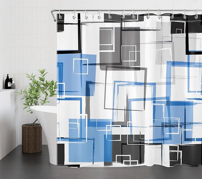 Blue Geometric Abstract Shower Curtain with Hooks Blue and Gray Neutral Design Geometric Fabric Shower Curtain Grey Fashion Mid Century Modern Bathroom Curtains Shower Set, 72Lx72W inches