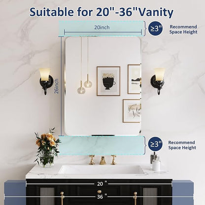 Medicine Cabinet Mirror 20x26 Inch, Chrome Bathroom Mirror Cabinet with Stepless Adjustable Shelves, Stainless Steel Frame, Bathroom Mirror with Storage Recessed or Wall Mount